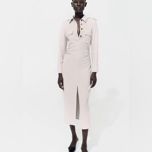 Zara Women's Taupe Long Sleeve Top Button Midi Dress. Size XS